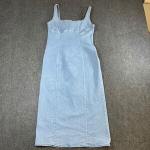 Love Tree Denim Light Wash Midi Dress Women Small Square Neck Zip Back Slit Blue